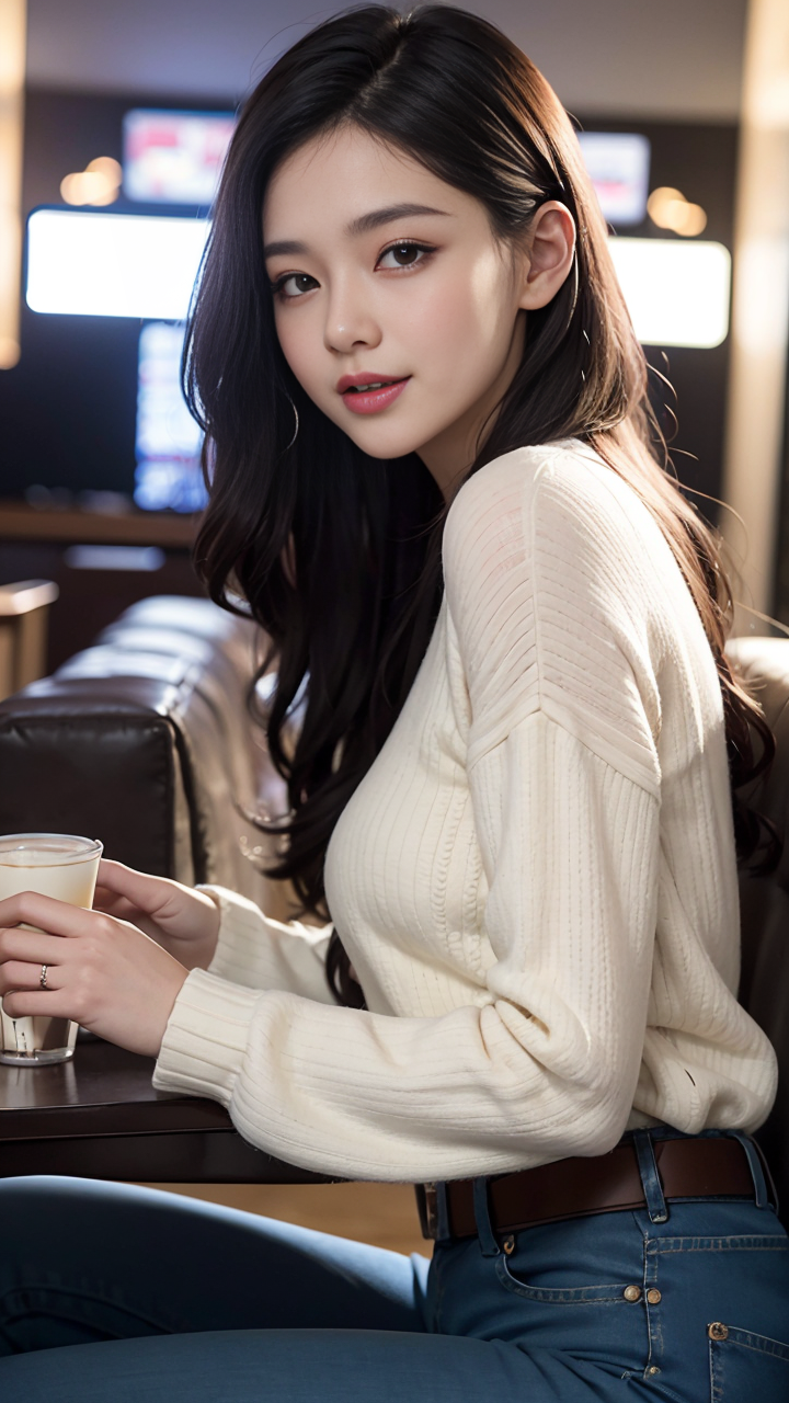 针织上衣+紧身牛仔裤的清纯美女气质十足勾勒出迷人的身姿高清